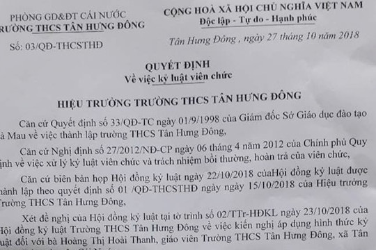 Một giáo viên bị buộc thôi việc vì không nhận nhiệm vụ