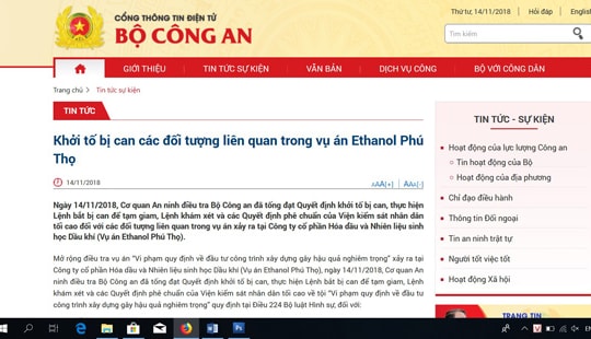 Khởi tố bị can các đối tượng liên quan trong vụ án Ethanol Phú Thọ