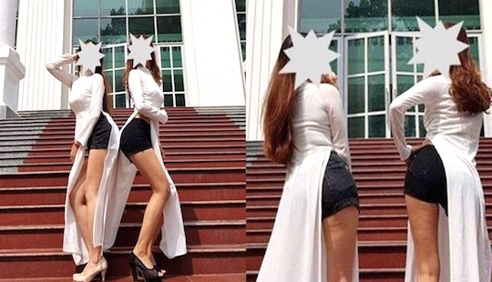 Mặc quần đùi với áo dài chụp ảnh phản cảm, 2 nữ sinh sư phạm phải viết tường trình