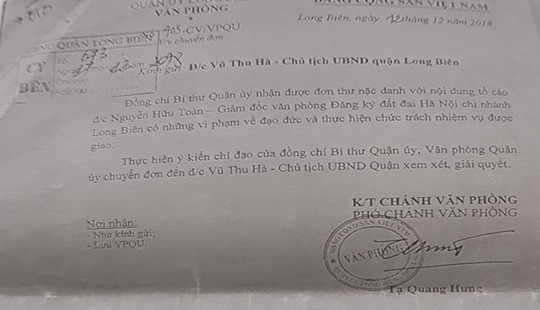 Cần xác minh, làm rõ nội dung tố cáo Giám đốc Văn phòng ĐKĐĐ chi nhánh Long Biên