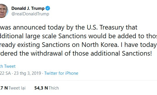 Tổng thống Trump ra lệnh “rút các lệnh trừng phạt bổ sung” đối với Triều Tiên