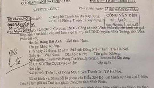 Công an tỉnh Vĩnh Phúc thông báo về việc tạm giam cán bộ thanh tra Bộ Xây dựng