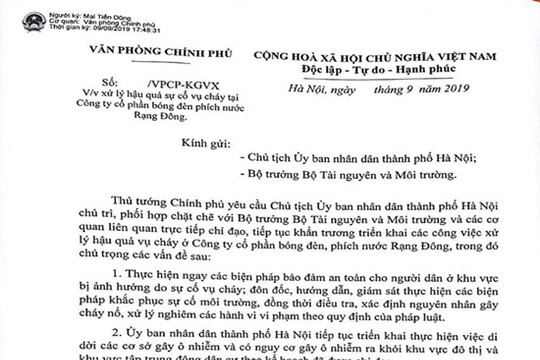 Thủ tướng chỉ đạo xử lý hậu quả vụ cháy Công ty Rạng Đông