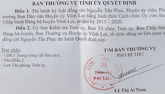 Cách chức Phó trưởng Ban Dân vận Huyện uỷ Vĩnh Lợi
