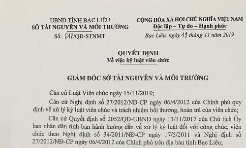 Bạc Liêu: Cách chức Giám đốc Chi nhánh VPĐK đất đai TP Bạc Liêu