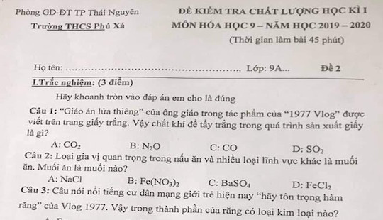 Hiện tượng 1977 Vlog vào đề thi môn Hóa học
