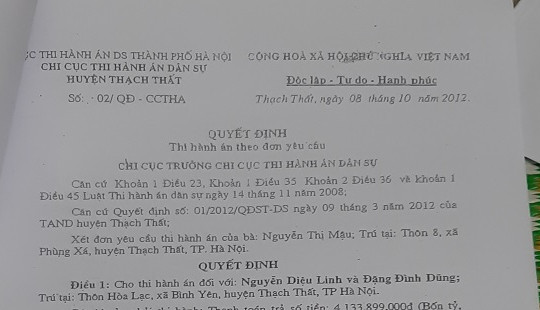 Thạch Thất, Hà Nội: Chấp hành viên vi phạm về trình tự tố tụng khi thi hành án