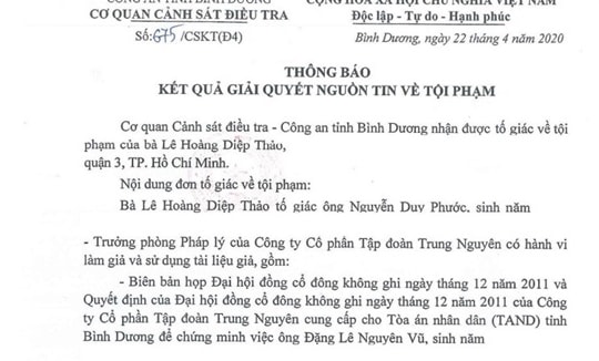 Điều tra vụ án làm giả tài liệu tại Công ty CP Cà phê hòa tan Trung Nguyên