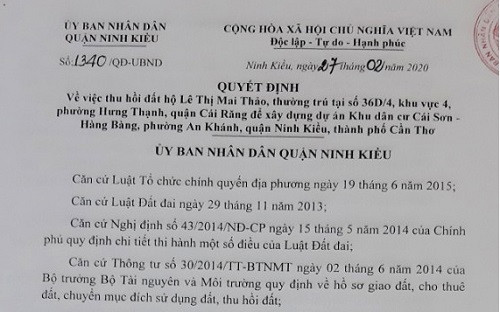 Tp. Cần Thơ: UBND quận Ninh Kiều ra quyết định thu hồi đất không nằm trong dự án