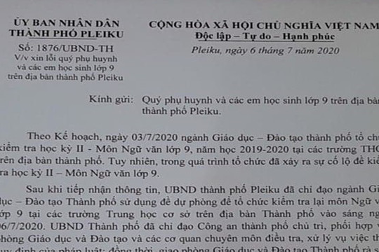 Chủ tịch UBND TP. Pleiku xin lỗi phụ huynh và học sinh vụ lộ đề thi