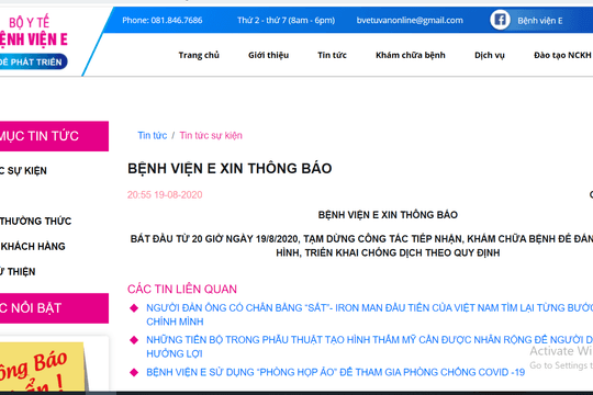Bệnh viện E tạm dừng tiếp nhận khám chữa bệnh sau khi có ca dương tính Covid-19