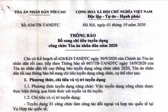 TANDTC thông báo bổ sung chỉ tiêu tuyển dụng công chức năm 2020