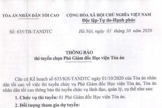 TANDTC thông báo thi tuyển chọn Phó Giám đốc Học viện Tòa án