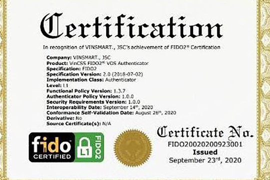 Hệ điều hành VOS của VinSmart đạt chuẩn FIDO2, hỗ trợ xác thực mạnh không cần mật khẩu