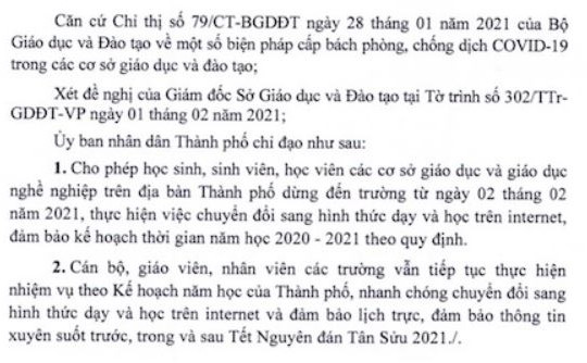 TP.HCM cho học sinh nghỉ học từ ngày mai 2/2