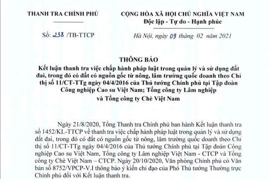 Nhiều sai phạm về đất đai tại Tập đoàn Công nghiệp cao su Việt Nam; Tổng công ty Lâm nghiệp và Tổng công ty Chè Việt Nam