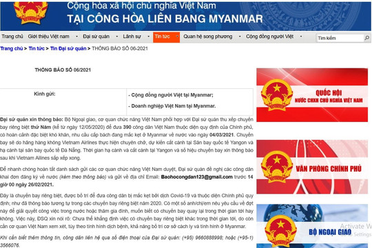 Đưa 390 người Việt Nam tại Myanmar về nước 