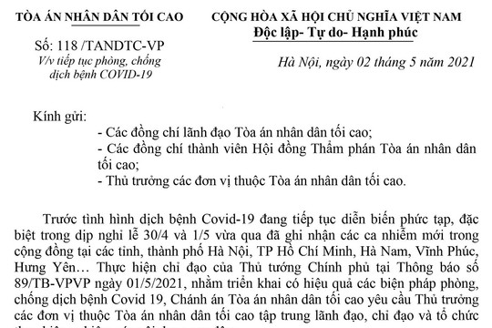 Cán bộ Tòa án phải khai báo y tế khi trở lại làm việc sau kỳ nghỉ lễ