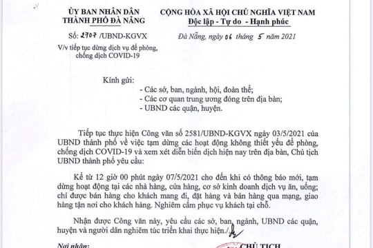Đà Nẵng dừng phục vụ khách hàng ăn uống, giải khát tại chỗ từ 12 giờ ngày 7/5