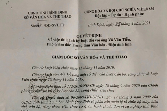 Buộc thôi việc Phó giám đốc Trung tâm Văn hóa – Điện ảnh tỉnh Bình Định