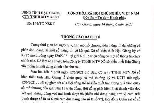 Công ty xổ số kiến thiết tỉnh Hậu Giang lên tiếng vụ xổ “nhầm” số giải thưởng