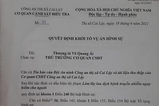 Khởi tố vụ án "Làm lây lan dịch bệnh" tại thị xã Cai Lậy
