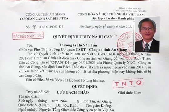 Công an tỉnh An Giang ra quyết định truy nã đặc biệt nguy hiểm đối với bị can Lưu Bách Thảo