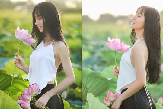 Lynk Lee tung loạt ảnh mặc yếm thả dáng bên hoa sen, dân mạng nhận xét gì?