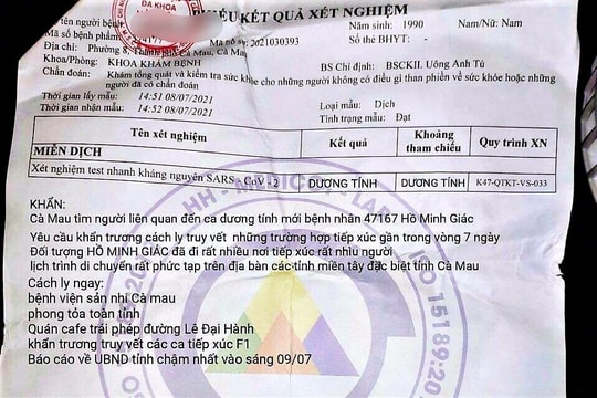Thông tin phong tỏa toàn tỉnh Cà Mau trên phiếu xét nghiệm là giả