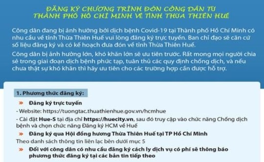 Thừa Thiên Huế sẵn sàng đón công dân từ TP.Hồ Chí Minh trở về từ ngày 20/7
