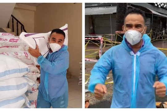 Quyền Linh nhận cơn mưa lời khen với hình ảnh hăng hái vác gạo làm từ thiện mùa dịch mặc trời mưa gió