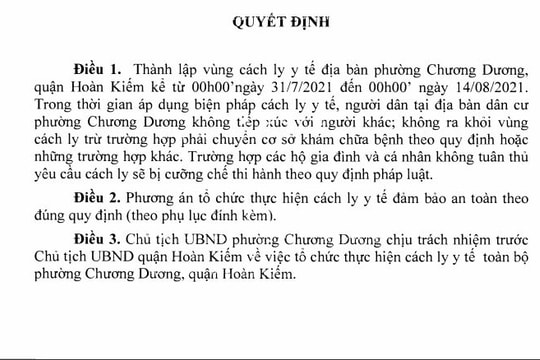 Hà Nội: Cách ly y tế phường Chương Dương từ 0 giờ ngày 31/7