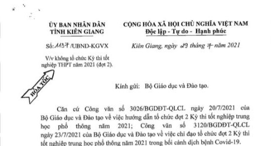 Kiên Giang: Không tổ chức kỳ thi tốt nghiệp THPT đợt 2

