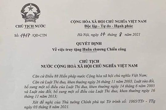 Chủ tịch nước truy tặng Huân chương Chiến công hạng Nhì cho chiến sỹ công an hi sinh khi làm nhiệm vụ