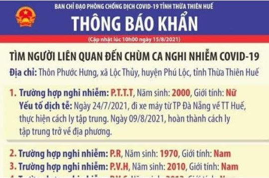 TT-Huế thông báo tìm người liên quan đến chùm ca nghi nhiễm COVID-19 ở huyện Phú Lộc