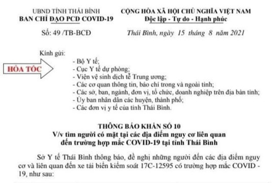 Thái Bình: Thông báo tìm người đã đến 13 địa điểm ở 8 tỉnh thành phố