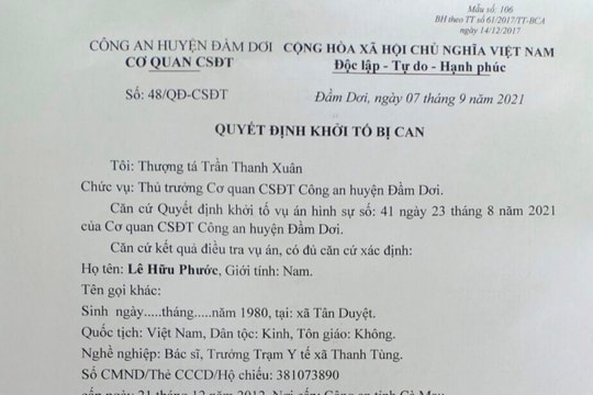 Khởi tố Trưởng Trạm y tế làm lây lan dịch bệnh Covid-19