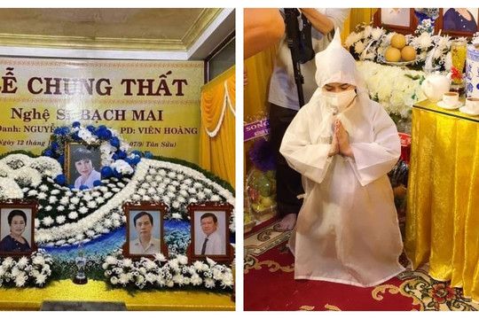 Bình Tinh thất thần cùng con gái đội tang trong lễ cầu siêu cho cố NS Bạch Mai và các thành viên đoàn Huỳnh Long