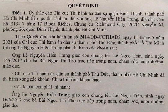 Ủy thác tiếp tục thi hành án yêu cầu giao con cho người mẹ nuôi dưỡng