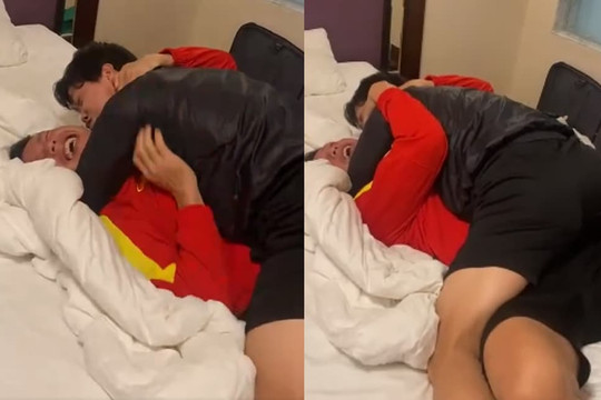 Tấn Trường than trời vì bị Công Phượng ôm chặt, dọa cưỡng hôn