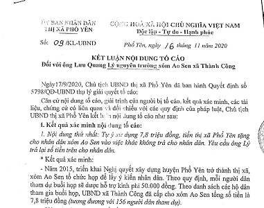 Thị xã Phổ Yên (Thái Nguyên): Cần giải quyết dứt điểm những kiến nghị của người dân xóm Ao Sen, xã Thành Công
