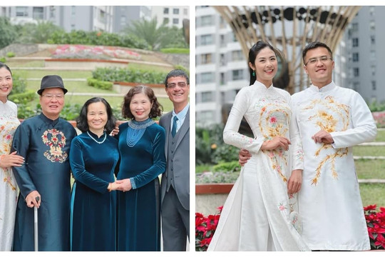 Hoa hậu Ngọc Hân lần đầu khoe ảnh hai bên thông gia nắm chặt tay nhau trong bức ảnh mừng xuân