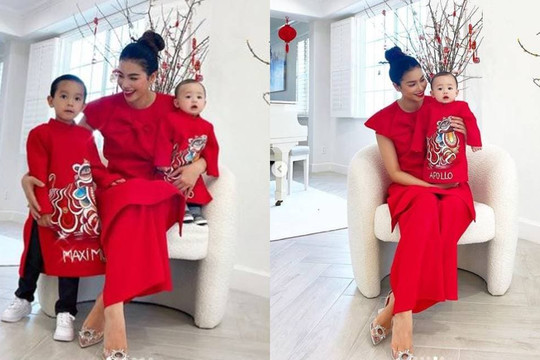 Hoa hậu Phạm Hương cùng hai nhóc tỳ diện áo dài đỏ đón Tết tại Mỹ, cậu út chiếm sóng vì quá đáng yêu
