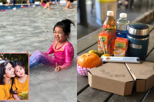 Con gái Mai Phương thích thú khi được đi bơi cuối tuần, bảo mẫu chu đáo chuẩn bị đồ ăn cho nhóc tì