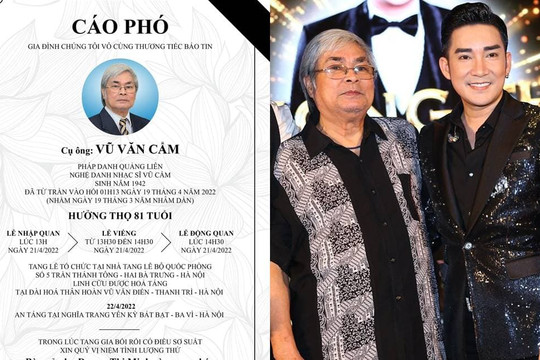 Quang Hà nghẹn ngào thông báo cáo phó của bố ruột nhạc sĩ Vũ Cẩm