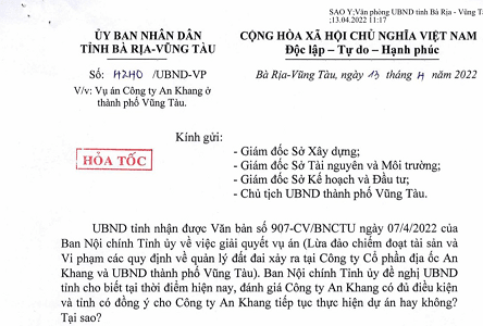 Vụ án Công ty CP Địa ốc An Khang: UBND tỉnh Bà Rịa – Vũng Tàu ban hành văn bản hỏa tốc