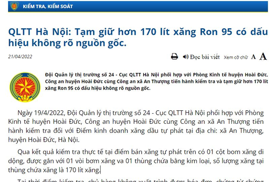 Quản lý thị trường Hà Nội tạm giữ 170 lít xăng chưa rõ nguồn gốc
