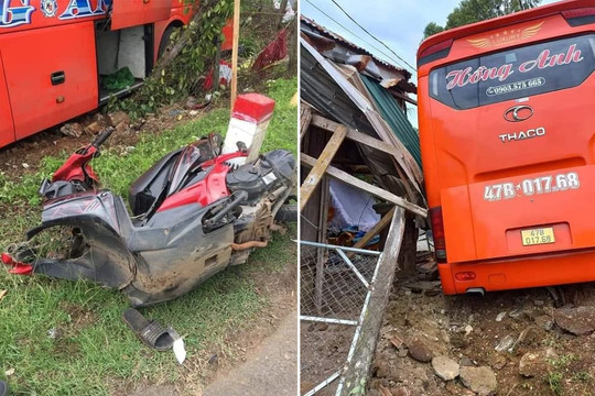 Xe khách mất lái tông liên hoàn 2 xe máy, đâm sập nhà dân ven đường khiến 2 người tử vong