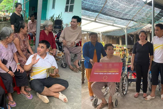 Quyền Linh đi dép tổ ong, diện đồ giản dị về Long An trao xe lăn cho người khuyết tật
