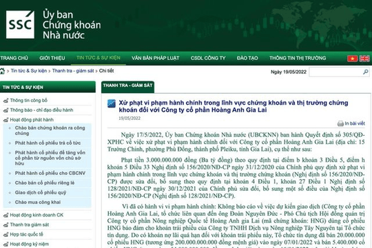 Hoàng Anh Gia Lai bị phạt 3 tỉ đồng, đình chỉ giao dịch chứng khoán 5 tháng